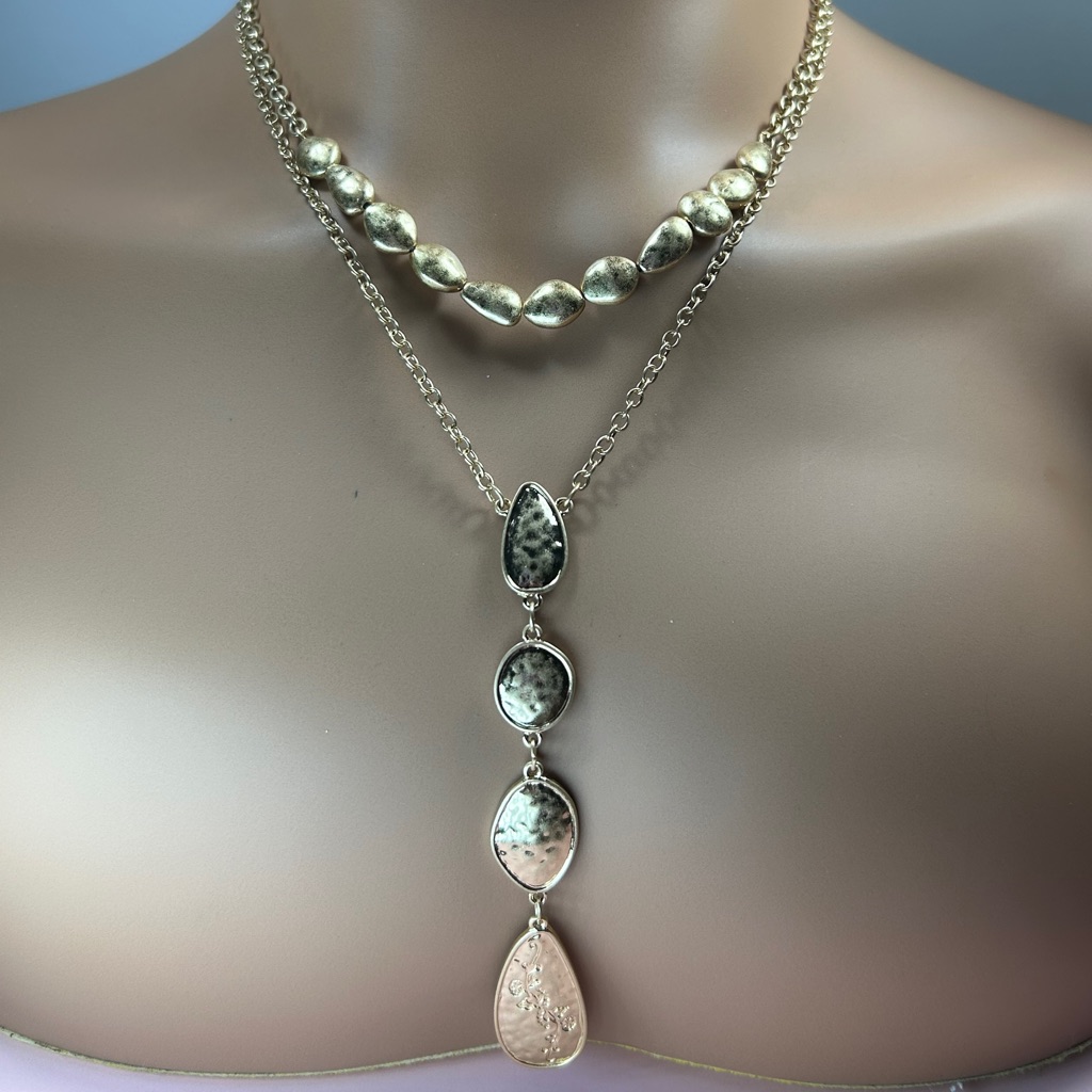 Stylish Brushed Gold Hammered Layered Necklace